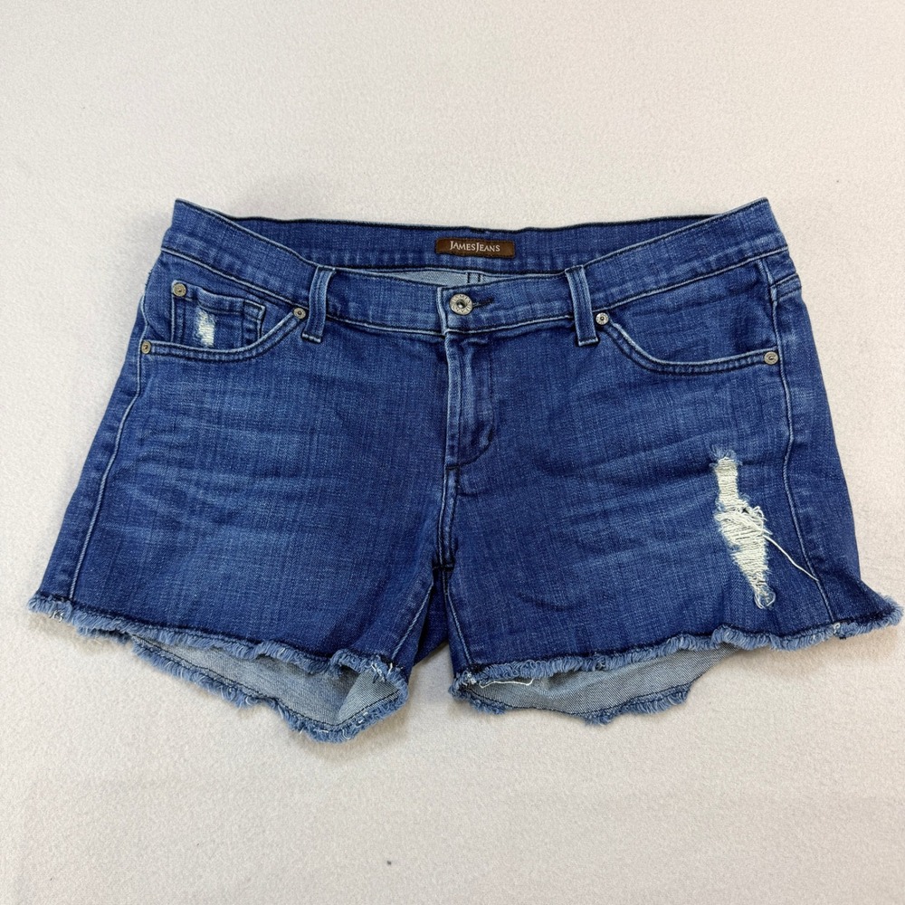 James Jeans Shorty Distressed Denim Shorts Blue Dark Wash Low Rise Size 31 USA